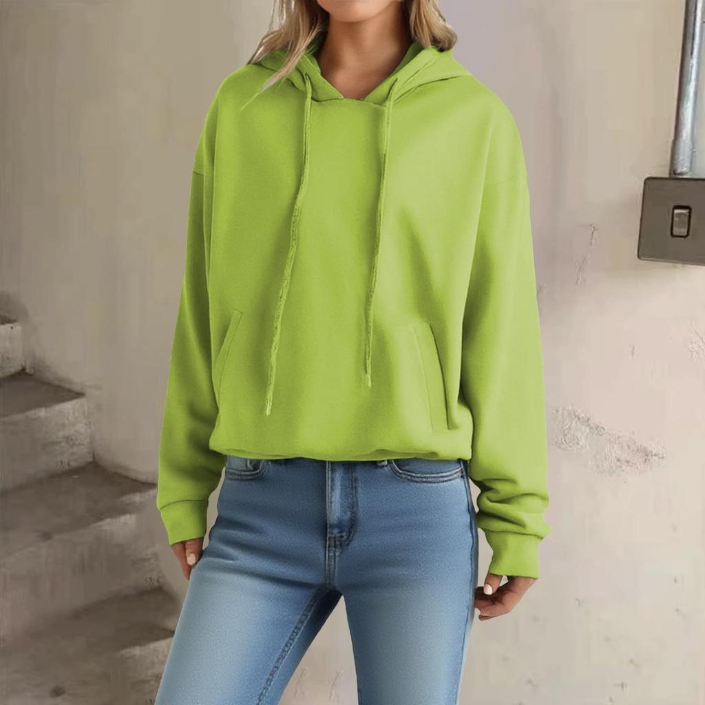 Women's Loose Long Sleeved Pullover With Drawstring And Pocket Hooded Solid Color Hoodie