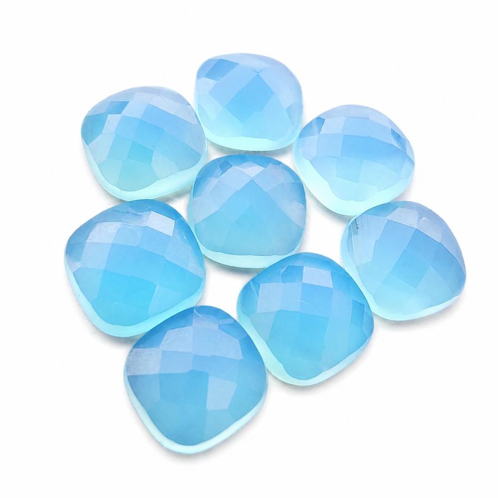 Blue Chalcedony Faceted Cushion Cabochon Lot, Sky Blue Chalcedony Gemstone, Checkerboard Cut Flat Back Stone, Loose Gemstone for Jewelry Making
