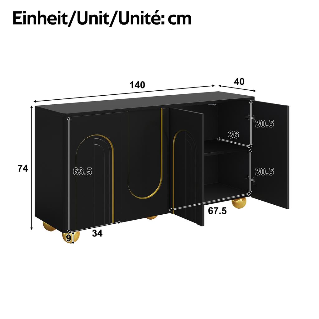 Obývací skříňka, Čtyřdveřová komoda, Jídelní úložná skříňka s obloukovým zlatým proužkem, Kovové nožičky ve tvaru koule pro předsíň a obývací pokoj