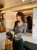 Chic Women's Winter Slim Fit V-Neck Gray Lace Trim T-Shirt