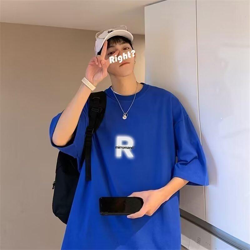 Men'S Trendy Letter Round Neck Printed Short Sleeved T-Shirt For Summer Ins Loose Casual Top