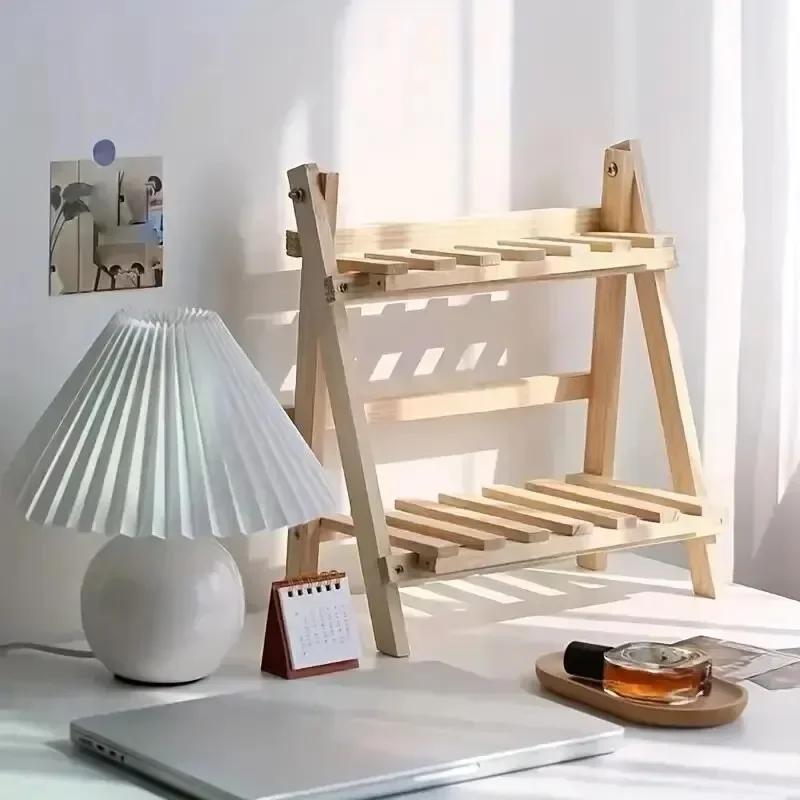 2-Tier Wooden Desktop Organizer – Trapezoidal Office Storage Shelf for Stationery and Display