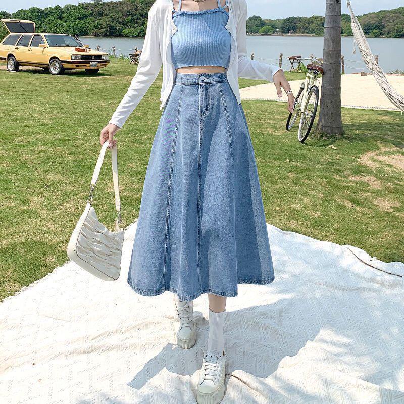 Plus Size Women's Retro High-Waisted Denim A-Line Skirt - Summer/Autumn Trendy