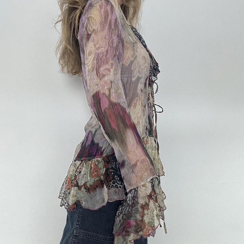 Printed Lotus Leaf Edge Lace-up Mesh Top Retro Light and Thin Niche Slim-fitting Horn Long Sleeve