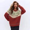 Womens Oversized Red Fair Isle Knit Sweater Loose Fit Long Sleeve Pullover Casual Vintage Style