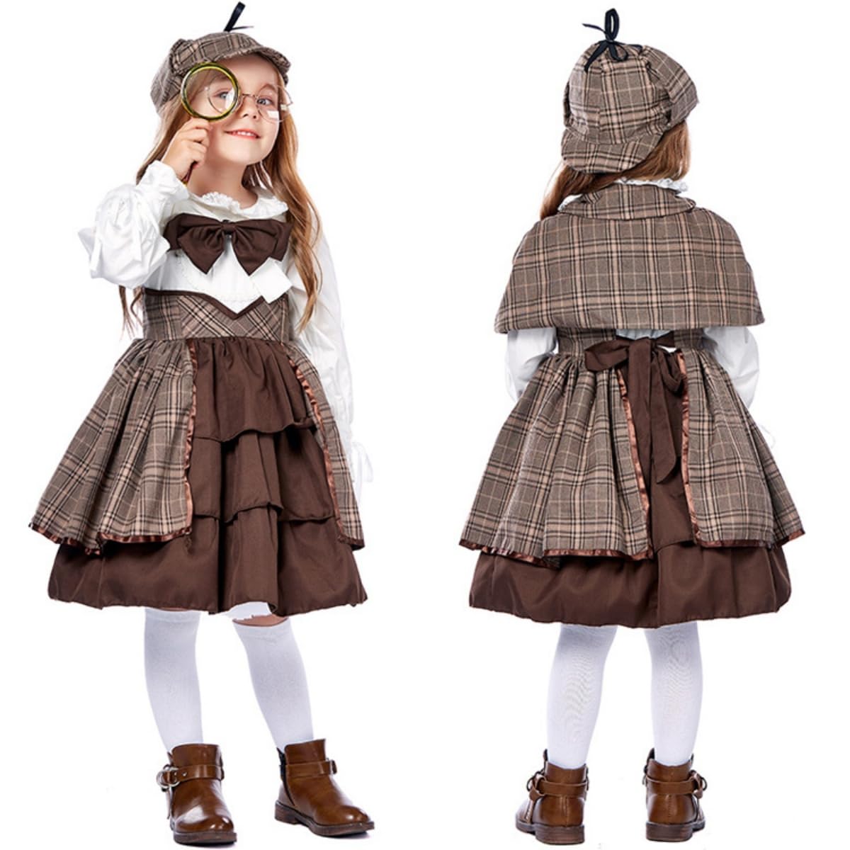 

JUNDOMECY Detective Cosplay Costume for Halloween Costumes for Checkered Detective Outfit Fun and Cute Includes Magnifying and Plus Perfect for
