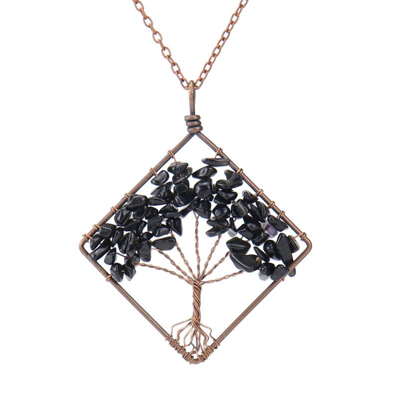 Hand-Wrapped Square Tree Of Life Necklace Natural Irregular Gravel Crystal Necklace N09