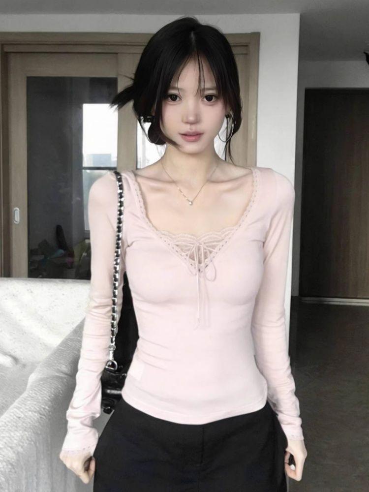 260g Cotton Modal V-Neck Two-Piece Style Slimming Lace Tie-Up Base Layer Top