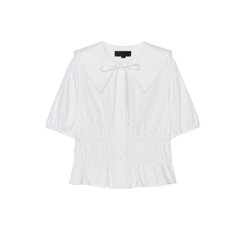 

Spring and Summer Women clothes Laminated Decoration Lower Leveling Lapel Elastic Trench coat Fabric Short sleeve Shirts 2748250 White L