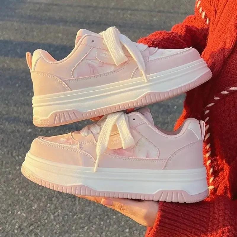 Fashion New Spring Women Breathable Sneakers Cute Pink Graffit Shoes Thick Heel Sneakers Casual Running Platform Y2K Lolita Sports Shoes