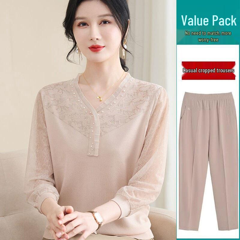 2026 Spring Collection: Stylish Ice Silk Blouse & Gauze Sleeve Knit Top for Moms, Perfect for Middle-Aged and Elderly Women In Spring and Autumn.