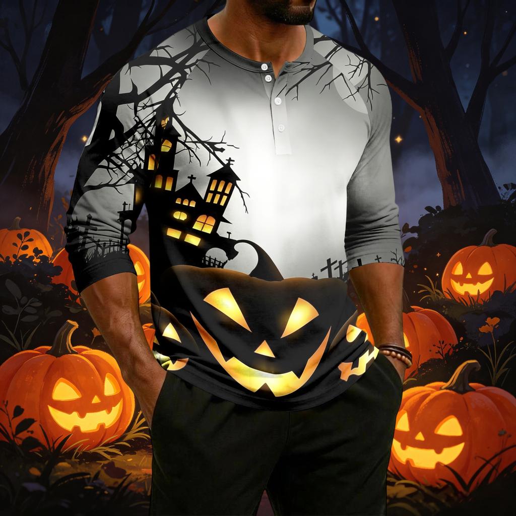 Men's Casual Raglan Three-Quarter Sleeve Shirt Halloween Print