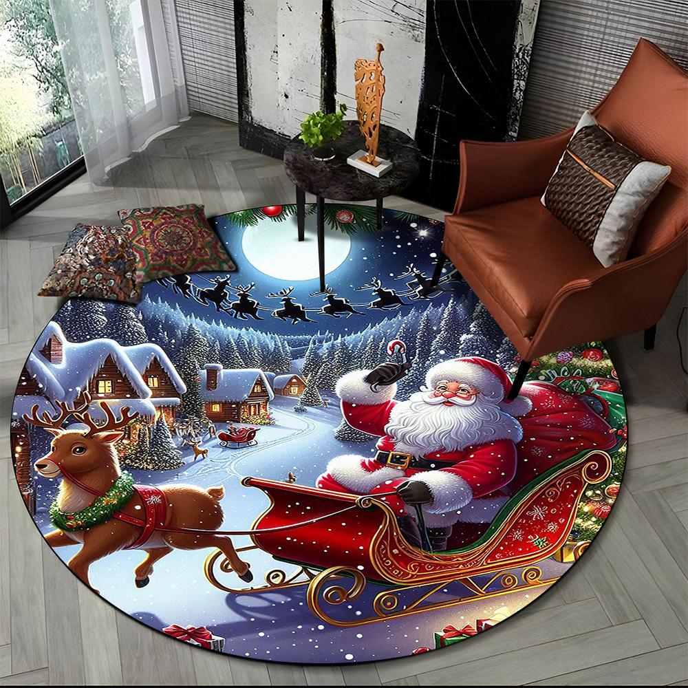 Merry Christmas Cartoon Santa Claus Snowman New Year Round Carpet Rug for Bedroom Living Room Sofa Decoration,Decor Floor Mat