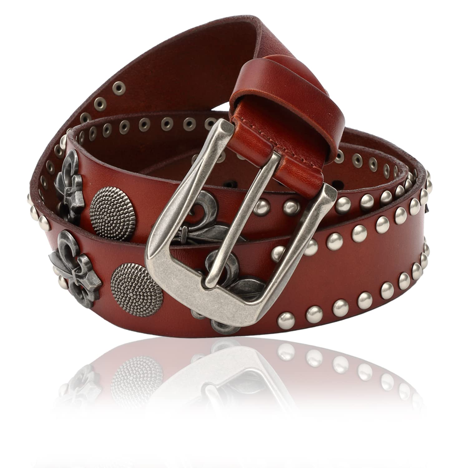 [Laquest] Laquest Men s Leather Studded Belt, Antique Concho, Fleur-de-lis Emblem Relief Leather Belt (Dark Red)