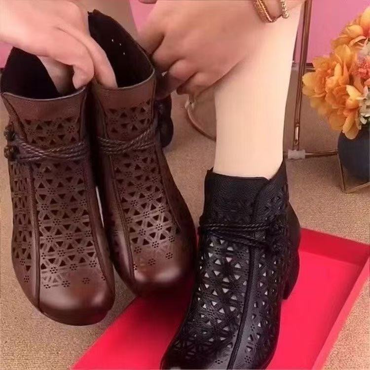 Fashion New Women's Fashion Hollow-Out Soft Sole Mid-Heel Ankle Boots, Retro Breathable Comfortable Shoes 2025