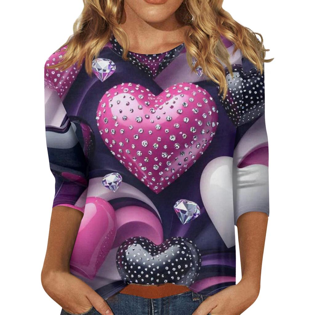 Damen Valentinstag Print Mode Lässig 3/4 Ärmel Rundhals Oberteil