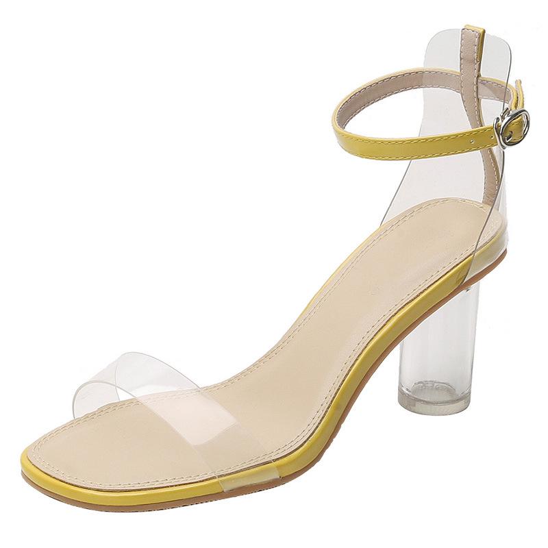 2025 Women's Fairy Style High-Heeled Sandals: One-Strap Transparent Thick Crystal Heel for Summer Fashion.
