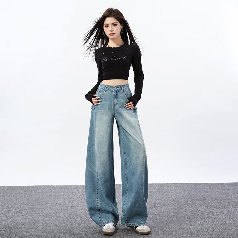 Spring Summer Vintage Multi Rivet High Waist Slim Saber Cut Wide Leg Straight Denim Pants For Women Casual Pants Oversize Denim Trousers