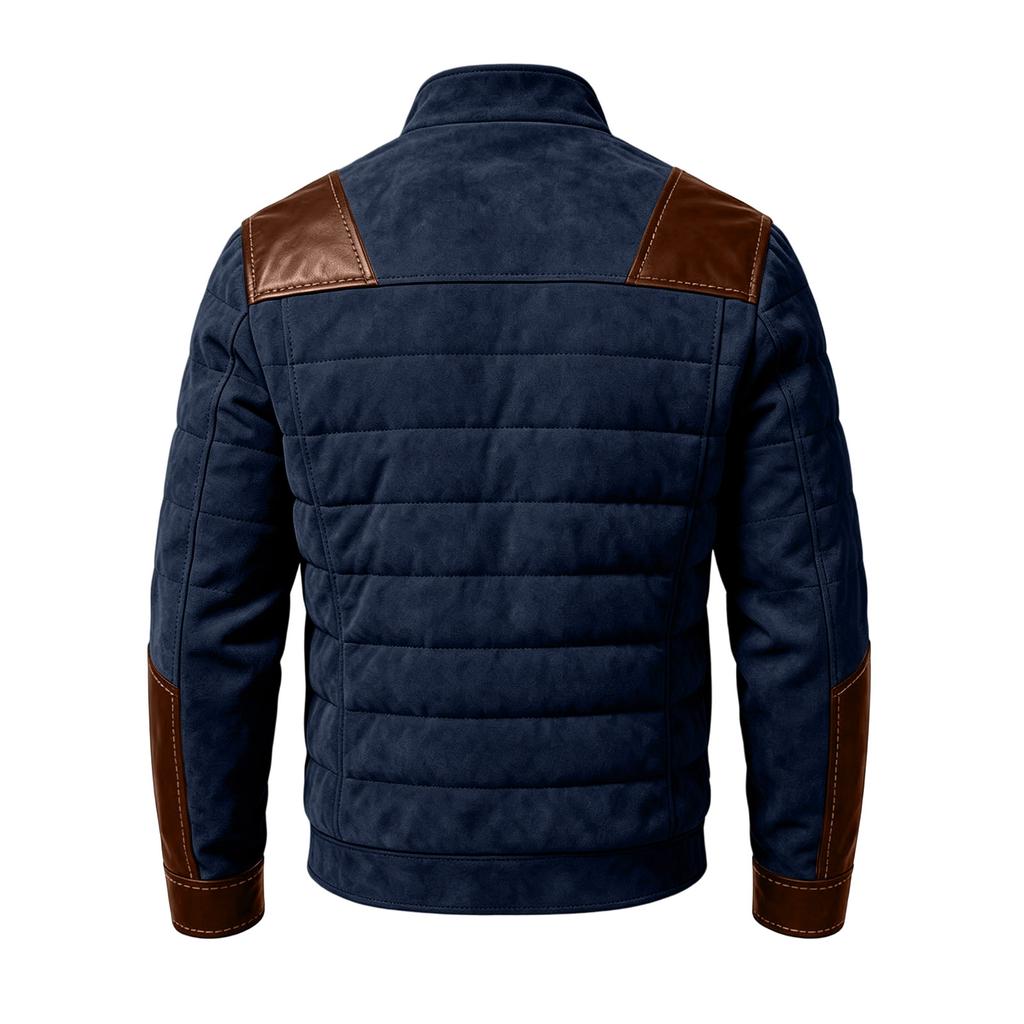 Herren Casual Warme Steppjacke mit Leder-Patchwork, Stehkragen, Reißverschluss