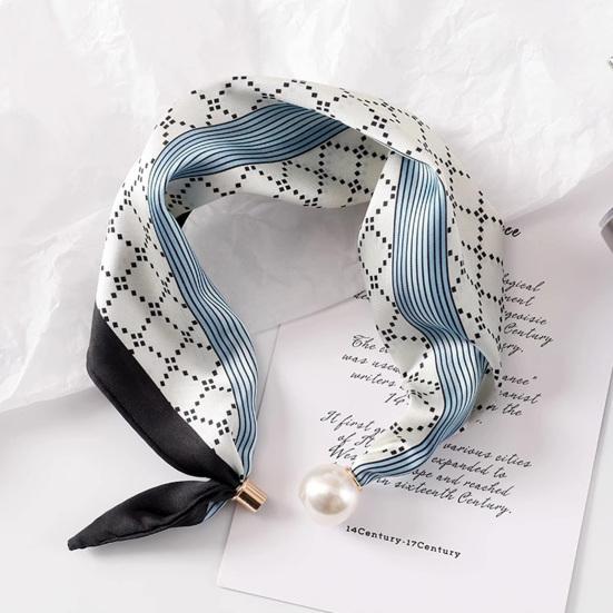 Women Silk Scarf Striped Leopard Dot Print Silk Scarf Necklace with Faux Pearl Magnetic Buttons Formal Wear Accessories