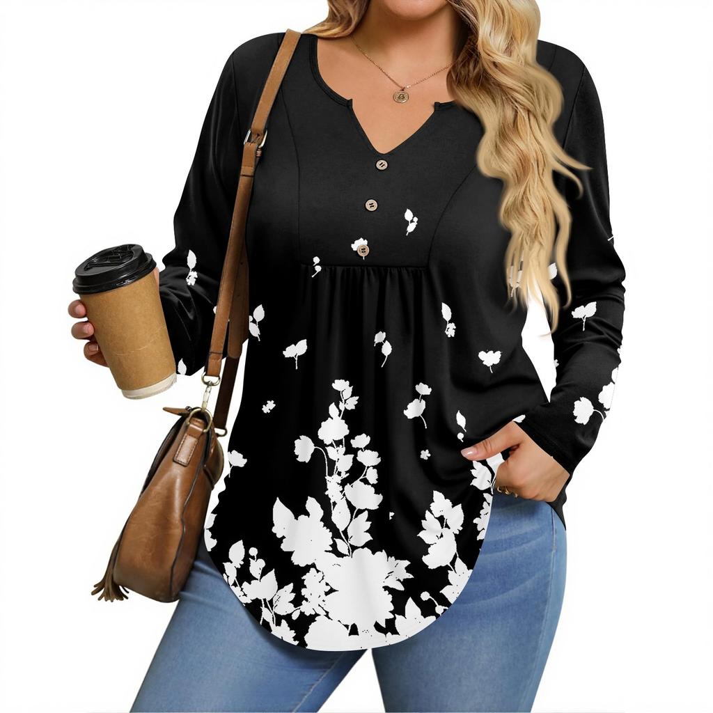 Womens Plus Size Long Sleeve Shirts  V Neck Tunic Tops Basic Loose Fit Tee Tops