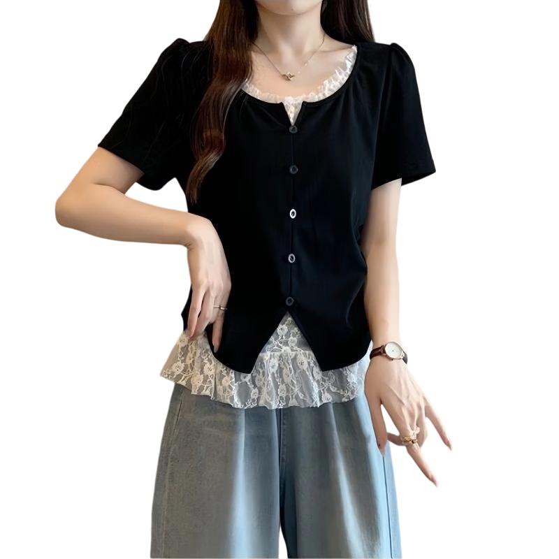 La Chapelle Women s Faux Two-Piece Lace Spliced Short Sleeve T-Shirt XL
