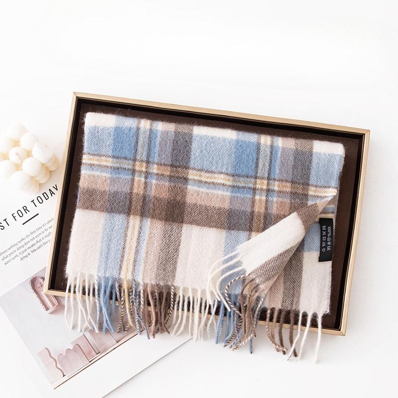 Cashmere Plaid Blue Scarf Narrow Version New Warm Soft and Waxy High End Scarf Women's Autumn and Winter Scarf