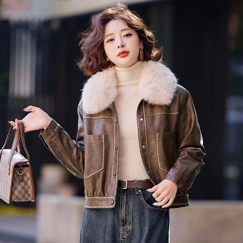 Fleece thickened leather jacket short coat women's winter new thin leather jacket motorcycle jacket top