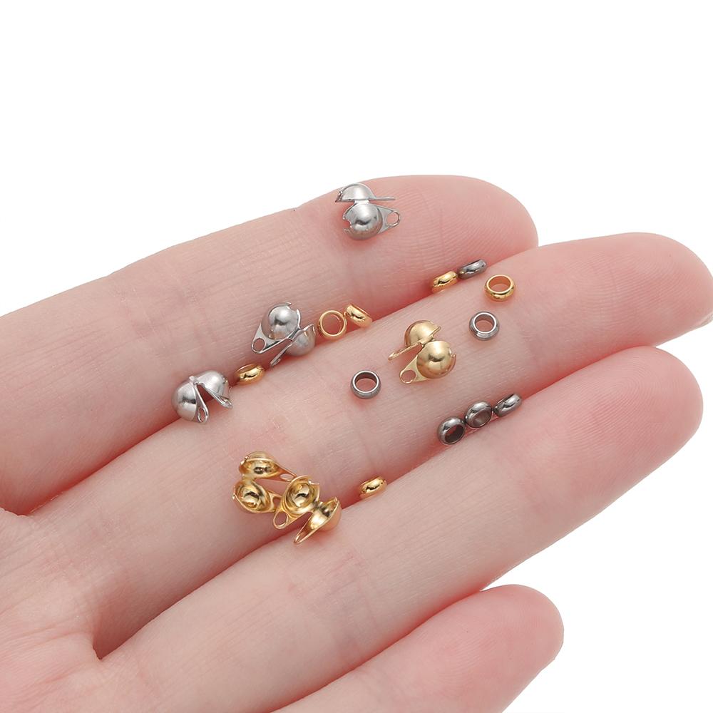 50Pcs Stainless Steel Crimp Bead Tips Knot Covers Clamshell Fold-Over Bead with 50pcs End Beads For DIY Jewelry Making