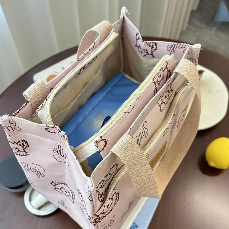Cartoon Bear Printed Versatile Large Capacity Handbag Office Worker Portable Lunch Bento Tote Bag