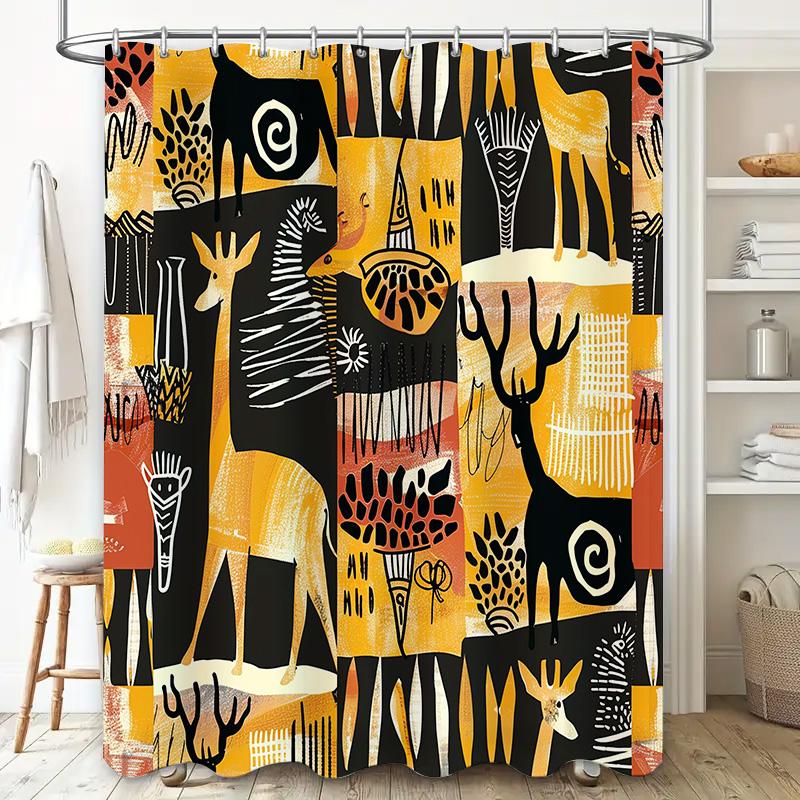 Stylish Animal Print Shower CurtainBlack Yellow Tribal Design for Bathroom Decorations Easy Install, Waterproof Fabric #Bathro