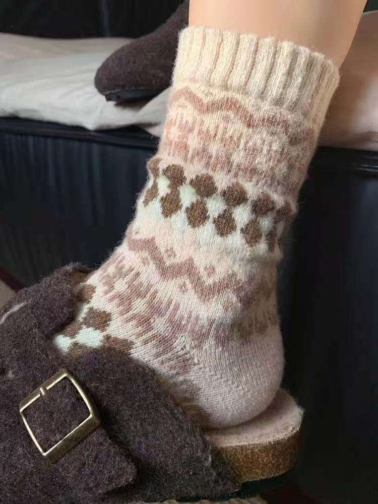 Nordic Fair Isle Wool Socks - Extra Thick Retro Ethnic Style Winter Slouch Socks