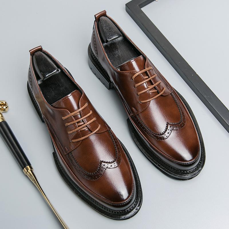 Leather Shoes Brock British Style Suit Thick Sole Heightening Black Casual Business Dress Wedding Groom Shoes