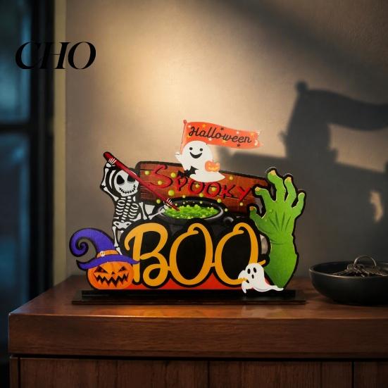 Cartoon Style Halloween Figures Tabletop Decor Signs, Pumpkin Ghost Gnome Wood Centerpiece Blocks, Spooky Stable Base Decorations Party Tiered