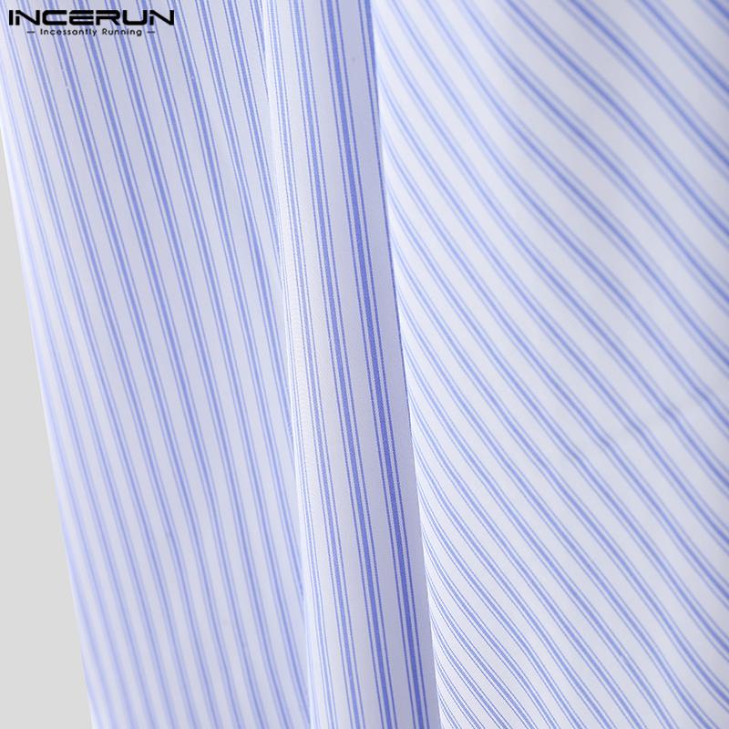 INCERUN Men Tie Up Lapel Neck Short Sleeve Striped Casual Loose Oversized Shirts
