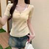 Korean Style Ribbed Square Neck Button Knit Top - Short-Sleeve Spring/Summer Elegance
