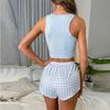 Summer Women Pyjamas Sexy Blue Plaid Tank Tops and Shorts Pijama Casual Slim O-Neck Pajamas Set Loungewear 2 Pieces Set Sleepwear