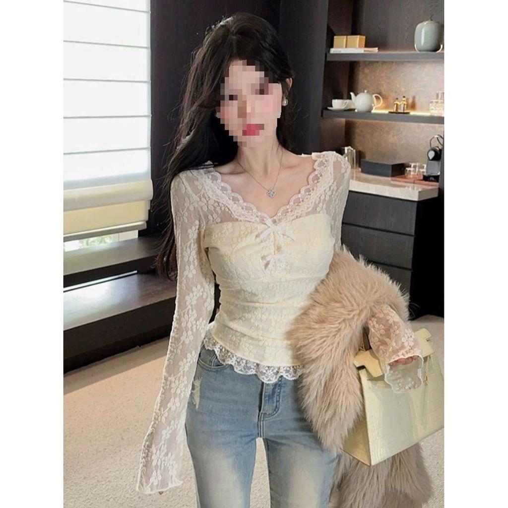 Elegant Lace Slim Fit Long Sleeve Women's Shirt with Waist-Cinching Bow - Spring/Summer Collection