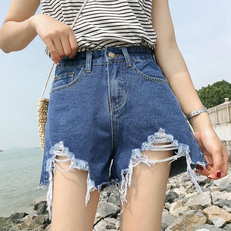 Pants Classic and Minimalist Fashion Versatile Black Broken Holes Burlap Thin Section A Word High Waist Loose Wide Leg Shorts Female Denim Shorts