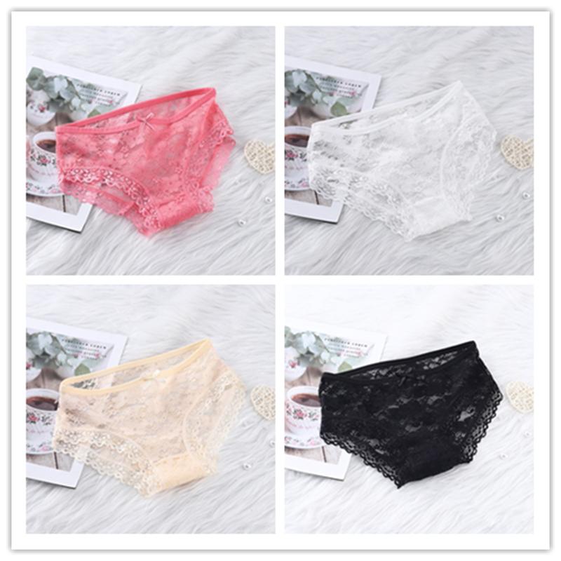 Girls' Sexy Lace Briefs Breathable Underwear with Butterfly Knot Carved Mid Air Waist Knickers Solid Color Women's Triangle Panties