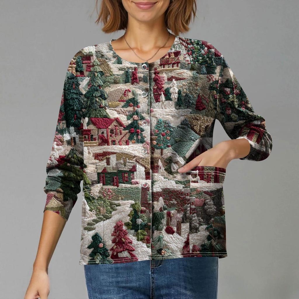 Women's Casual Long-Sleeved Single-Breasted Christmas-Themed Print  Cardigan