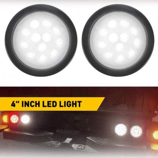 2x White 4 Inch Round LED Truck Trailer Reverse Backup Tail Stop Turn Light 12V