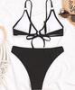 Women's Swimsuit Solid Color Pit Strip Triangle V Neck Sexy Back Tie Bikini Beachwear Bathing Suits
