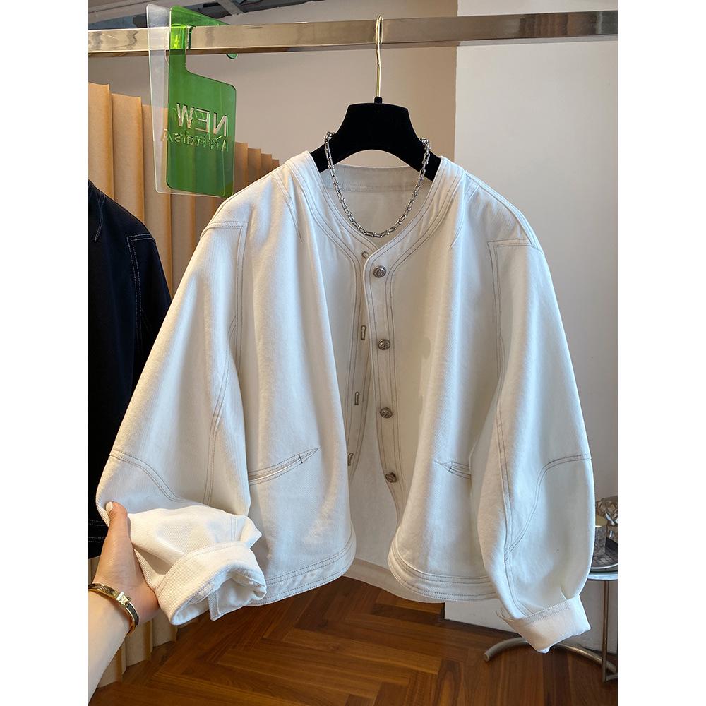 Biała Szeroka Jeansowa Kurtka Damska Sense - Luźna, Bez Kołnierza, Zakrzywiony Detal na Wiosnę i Jesień 2025