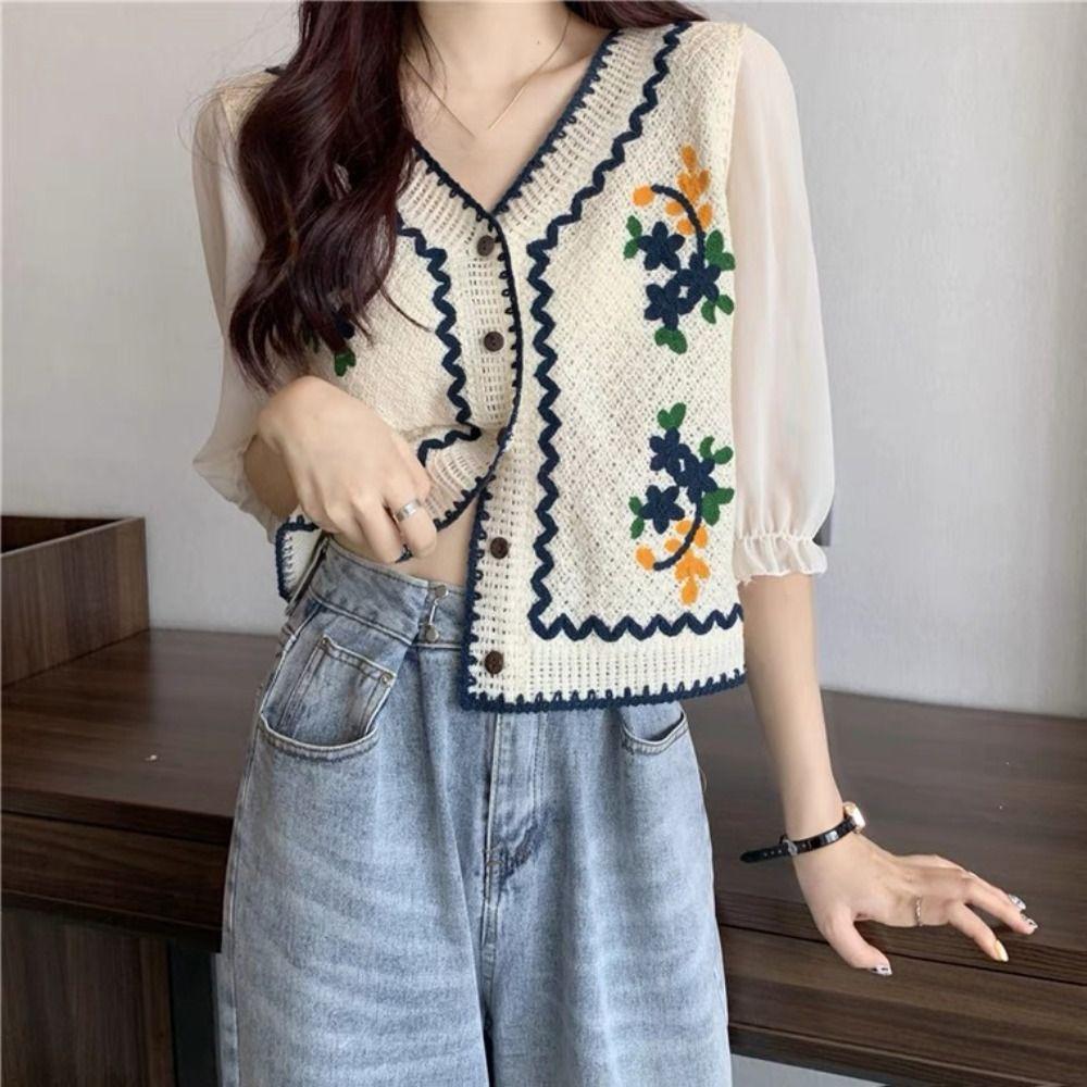 Flower Embroidery Chiffon Sleeve Shirts Button Front Short Top New Crochet Blouse  Women