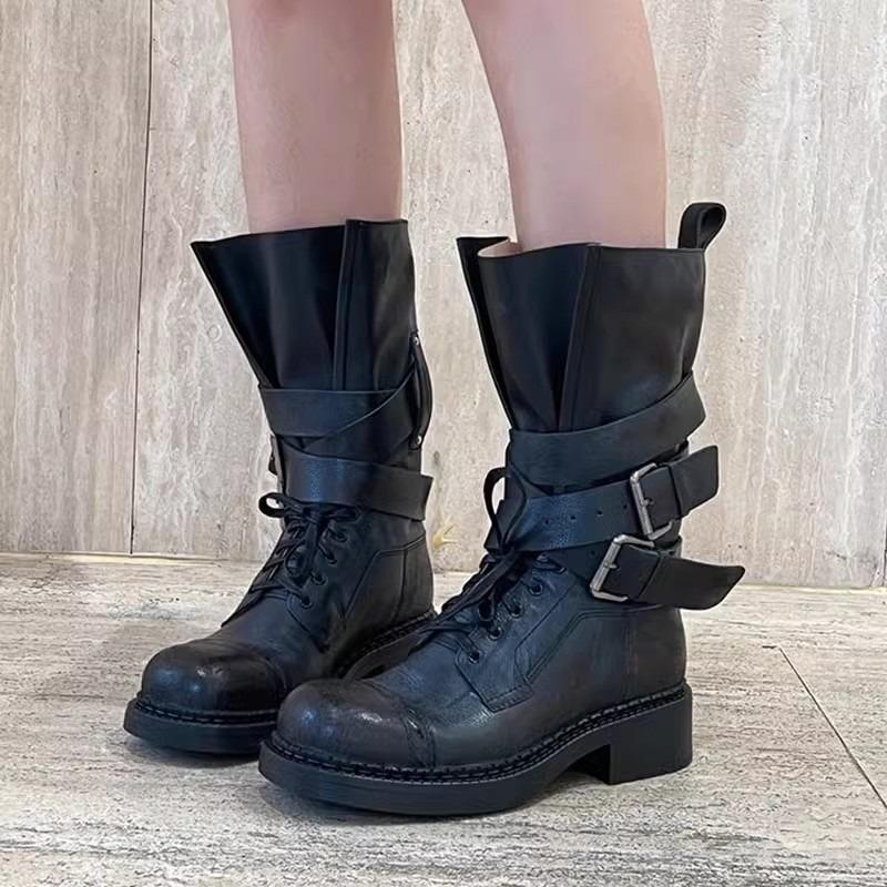Retro-style Lace-up Round-toe Ankle Boots, Versatile Shoes with Thick Heels, Women's Boots