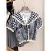 Dopamine Puff Sleeve Navy Collar Plaid Short-sleeved Shirt Women's Summer New Plaid Top Women's Short Style
