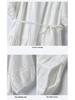 Women's White Cotton Linen Puff Sleeve Belted Midi Dress