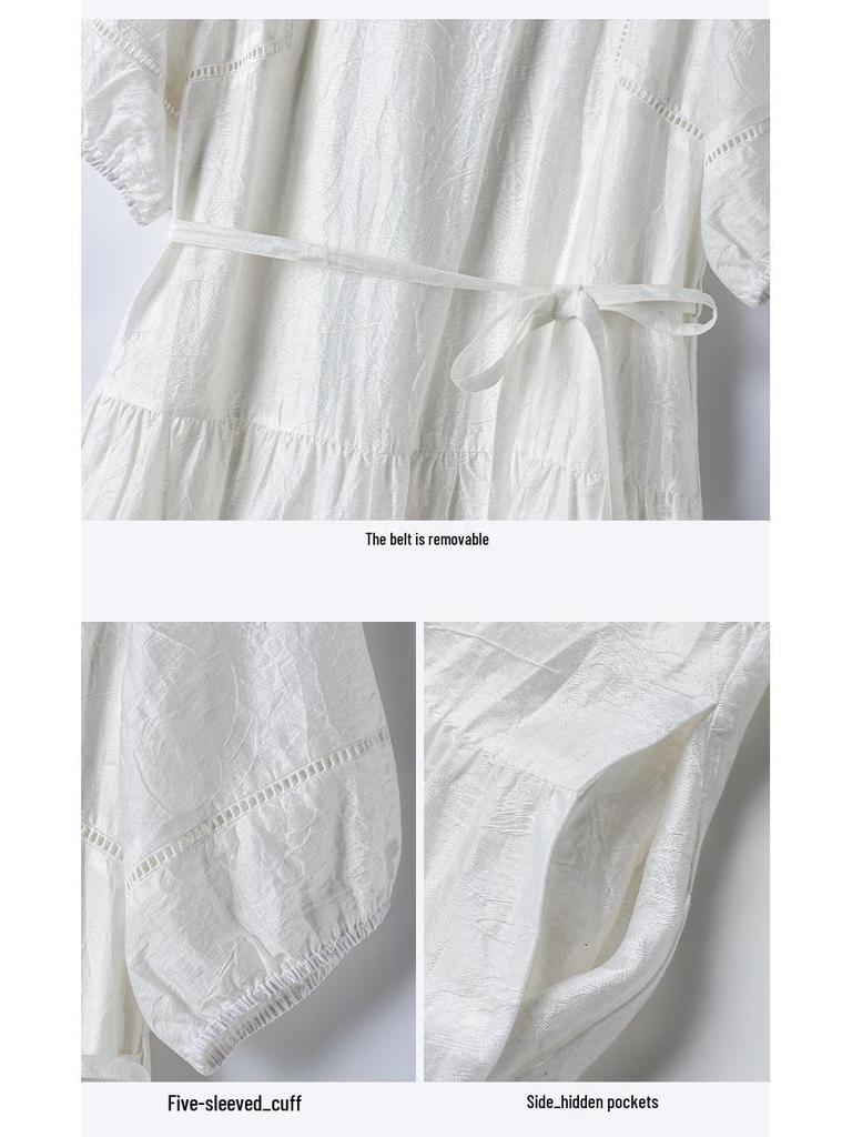 Women's White Cotton Linen Puff Sleeve Belted Midi Dress