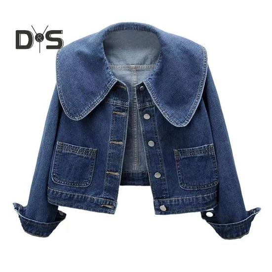 Women Denim Jacket Retro Single-breasted Doll Collar Long Sleeves Solid Color Side Pockets Lady Coat Commuting Shopping Coat